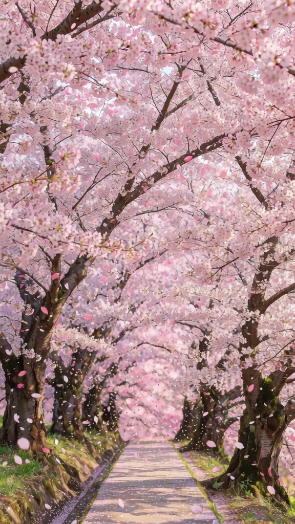 A breathtakingly beautiful avenue of cherry blossom trees in full bloom, falling pink sakura petals, bright clear spring day, sunlight filtering through the delicate branches, ultra-realistic, photorealistic, 8k resolution, highly detailed, immersive first-person perspective, walking down the empty path, stunning nature photography, cinematic lighting