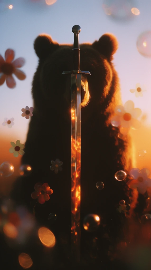 A large bear stands directly behind a central, vertical sword, surrounded by floating stylized flowers and translucent bubbles, captured in a deeply backlit photography style with an extremely shallow depth of field. The dark, heavily shadowed figure of the bear features intense, warm golden-hour rim lighting illuminating the outer edges of its fur. The gleaming vertical sword catches sharp specular highlights, its surface reflecting glowing, fiery orange and amber light patterns. Scattered throughout the foreground and background, the stylized flowers and bubbles are rendered with soft optical focus, morphing into large, luminous, overlapping bokeh shapes. The lighting environment creates a stark chiaroscuro effect, contrasting the deep brown and black foreground shadows with the brilliant, luminous warmth of the light source. The background environment dissolves into a smooth, heavily blurred gradient shifting from pale cool blue at the top to vibrant, hazy sunset orange at the bottom, enhanced by analogue lens halation and subtle film grain.