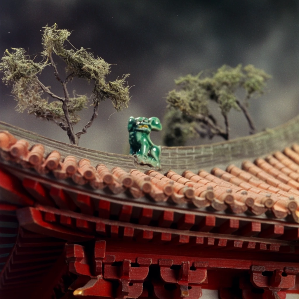 close-up of an upturned traditional Asian roof eave, overlapping terracotta tiles, red wooden bracket rafters, small green ceramic guardian figure on the ridge, wind-blown miniature trees, dark smoky sky, vintage film still aesthetic, practical effects diorama, shallow depth of field