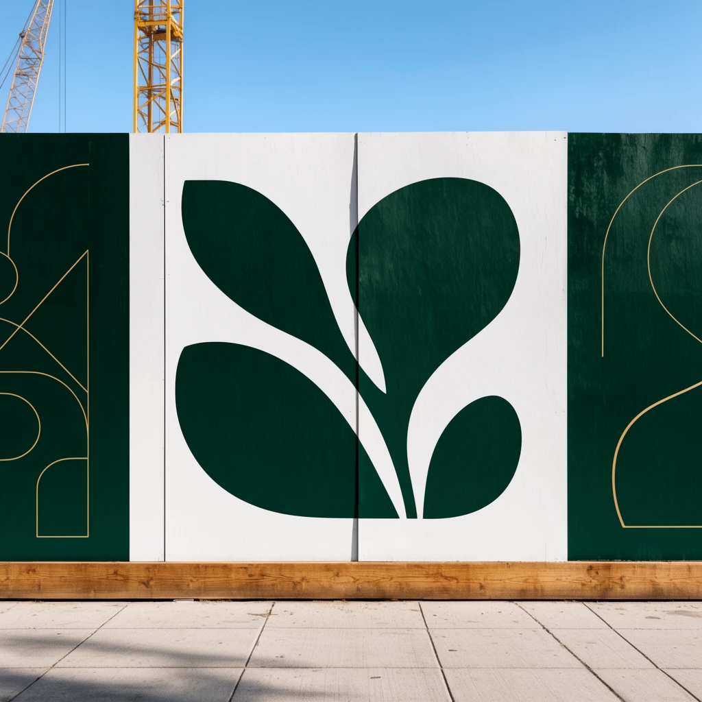 large paneled construction barricade wall, clean abstract graphic design, stark white panels with dark green organic leaf-like silhouettes, adjacent dark green panel featuring thin gold geometric line art, thick wooden base beam, light gray concrete sidewalk with grid seams, clear blue sky, distant yellow construction crane lattice, bright daytime sunlight, soft angled shadows on pavement, eye-level perspective