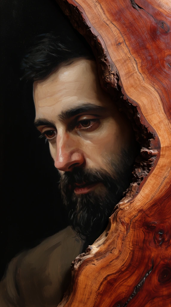 A hyper-realistic painted portrait of a bearded man emerges from behind a jagged slab of polished natural wood. The classical chiaroscuro painting depicts a man with dark hair and deep-set brown eyes looking downward against a pitch-black background. Framing the right side, an organic, three-dimensional wood piece features rich reddish-brown grain, deep crevices, and a rough live edge. The thick timber heavily overlaps the flat canvas, creating a striking trompe l'oeil effect and sharp textural contrast between the meticulous brushwork and the raw, knotted timber.