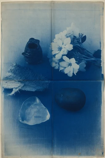Archival Cyanotype Glitch style reference image — distressed paper texture