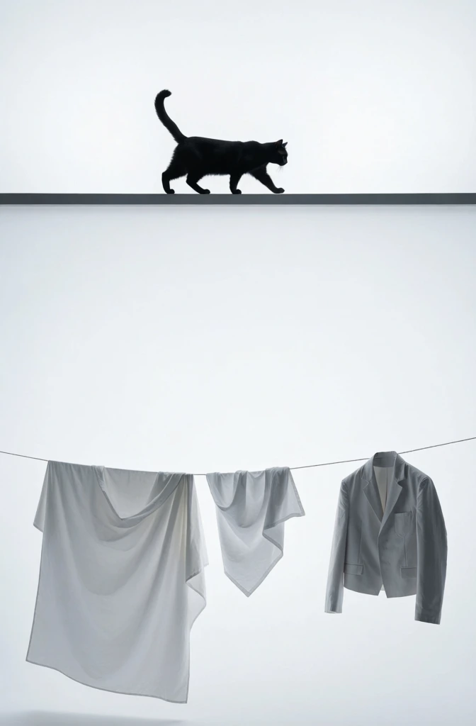 high-fashion minimalist studio aesthetic, clean and diffused lighting, infinite white seamless background, a sleek black cat walking gracefully along a thin architectural ledge, white and neutral linens hanging from a simple clothesline below, sharp focus, monochromatic palette, elegant and sophisticated mood, architectural lines, negative space, high contrast, soft shadows, low angle perspective, minimal textures, sophisticated editorial branding photography style