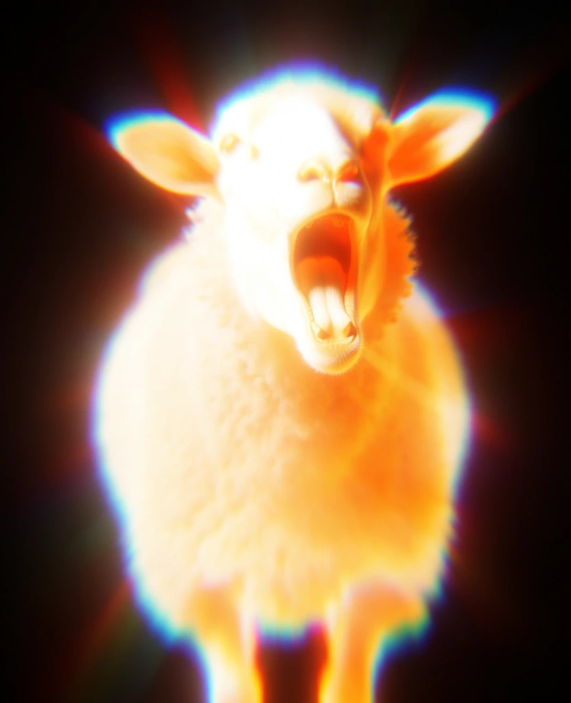 a singular sheep with its mouth wide open in a vocalizing pose, rendered as a transcendental glowing silhouette, centered within an obsidian void, featuring intense overexposed bloom, radiant circular halo, inner core saturated in high-contrast oranges and golden yellows, heavy chromatic aberration, prismatic cyan and magenta fringes, thick analog grain and scanline textures, ethereal soft focus, radial light streaks, y2k dreamcore aesthetic, spiritual light glare.