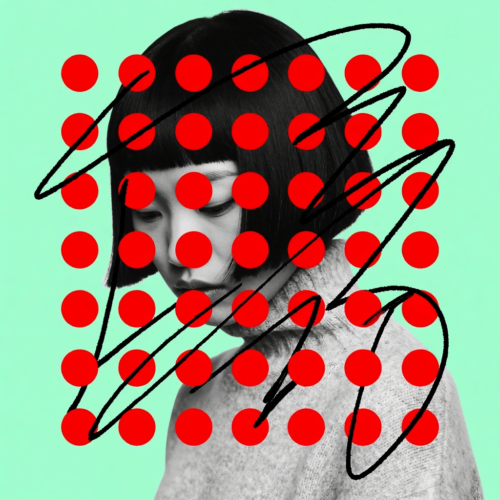 high-contrast black and white portrait of a young Asian woman with a geometric bob haircut looking down, textured light turtleneck sweater, loose grid overlay of solid bright red dots, erratic black ink scribbles layered over the red circles, flat mint green background, mixed media graphic design, pop art collage aesthetic, stark monochrome photography integrated with bold vector elements