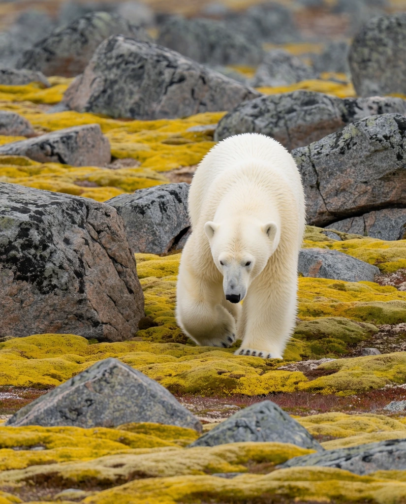 A large polar bear strides across a snowless rocky tundra blanketed in vibrant yellow-green moss. The bear's thick off-white fur heavily contrasts with the rugged grey boulders scattered across the uneven landscape. Advancing toward the foreground, the animal lowers its head, stepping with massive paws onto the spongy ground. Captured through a telephoto lens, the wildlife photography composition softly blurs the distant rocks. Natural diffused lighting highlights the rich textures of the animal's coat, the coarse granite stones, and the striking arctic vegetation.