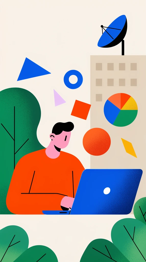 A flat vector illustration of a stylized person in an orange shirt working on a laptop amidst floating geometric shapes and a pie chart. Abstract green trees, a beige building, a blue satellite dish, bold flat colors, and grainy textures complete the modern aesthetic.