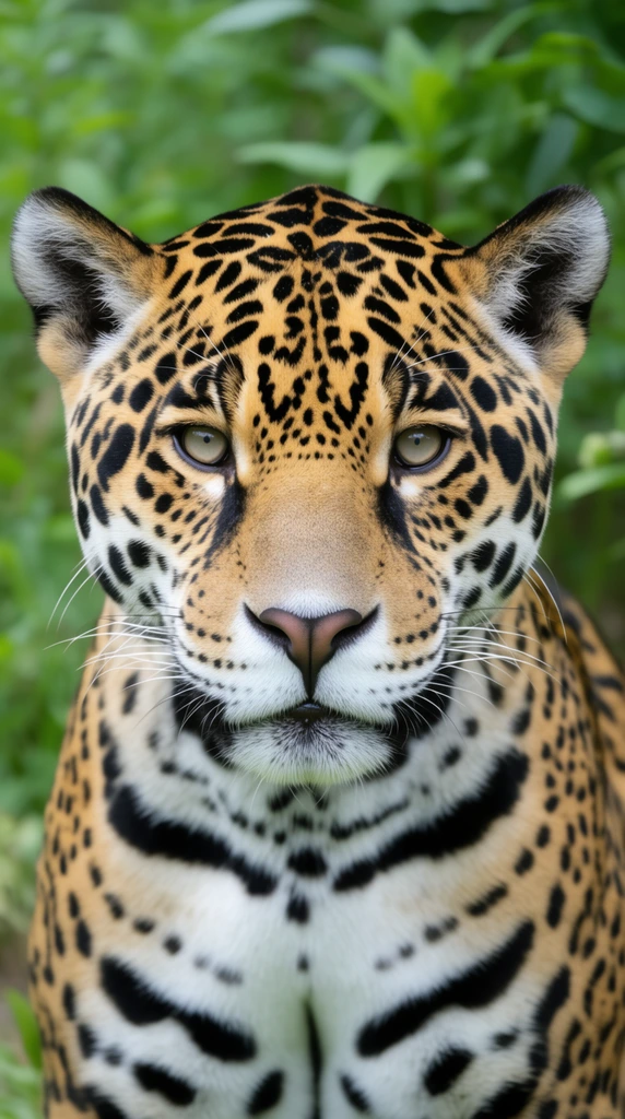 A close-up wildlife portrait of a jaguar facing forward with a direct gaze. The feline features a golden-tan coat marked by black rosettes, contrasting with a white muzzle and prominent white whiskers. Pale eyes and a pinkish-brown nose anchor the symmetrical face. Lush green foliage blurs softly in the background, creating a shallow depth of field that sharply isolates the subject under even, natural daylight.
