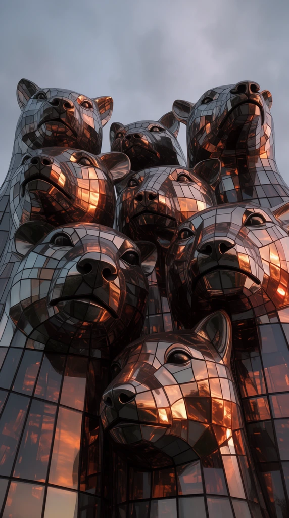 Seven stylized animal faces arranged together in a towering, overlapping composition, constructed entirely from a curvilinear architectural mosaic of reflective glass panels separated by thick, dark structural grid lines. Viewed from an extreme low-angle, worm's-eye perspective, the monumental faces stretch upwards with dramatic foreshortening. The highly glossy, mirrored surfaces capture intense, high-contrast reflections of a warm, deep amber and copper golden-hour sunset, creating a fragmented mosaic of brilliant light and dark geometric mullions. The towering arrangement of angular and curved animal features is set against a moody, pale grey-blue overcast sky with soft, muted clouds, emphasizing the hyper-realistic 3D rendering and the imposing, skyscraper-like scale of the mirrored structures.
