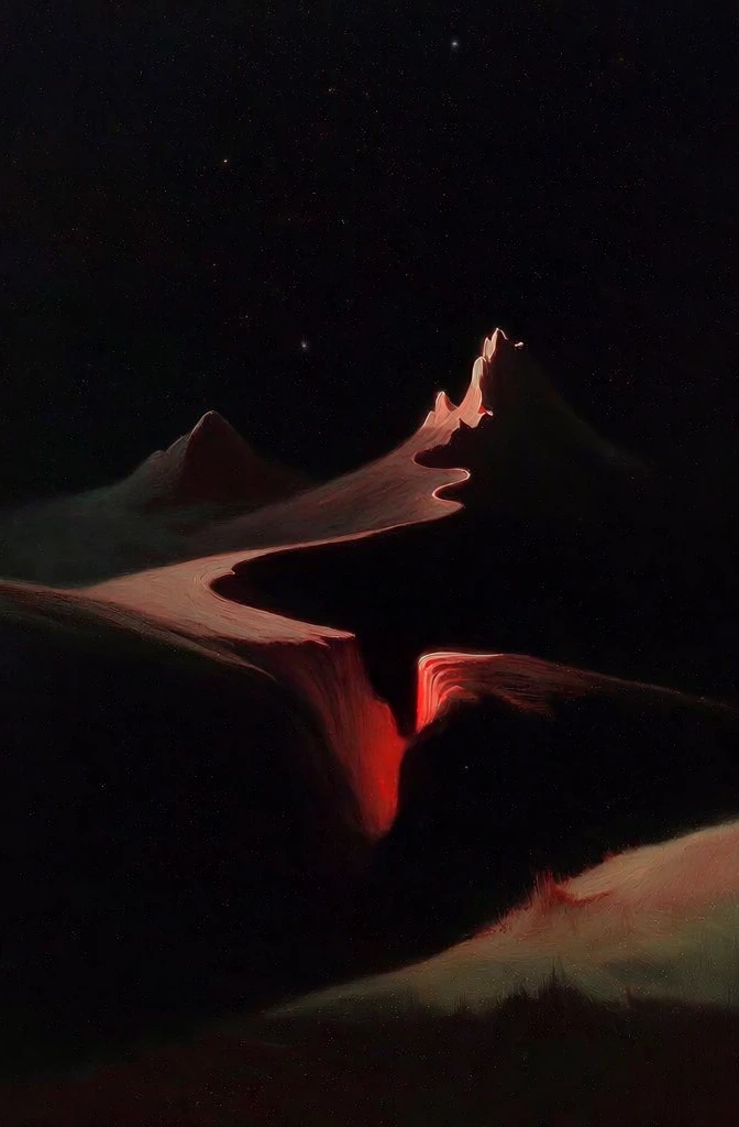 ethereal surrealist landscape featuring rolling obsidian hills and jagged peaks silhouetted against a starlit void, a deep winding vertical crevice splitting the terrain and emitting an intense incandescent crimson glow, dramatic chiaroscuro lighting with stark rim highlights against velvet black shadows, painterly digital oil rendering with tactile surface textures, fine film grain, soft-focus atmospheric haze, mysterious cosmic atmosphere, muted earth tones, solitary scale