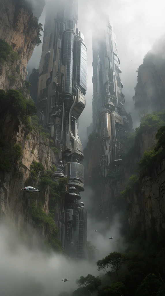 colossal futuristic skyscrapers embedded in steep rocky cliffs, metallic structures merging with natural stone, lush vegetation, thick fog obscuring the base, tiny flying vehicles, monumental scale, atmospheric matte painting