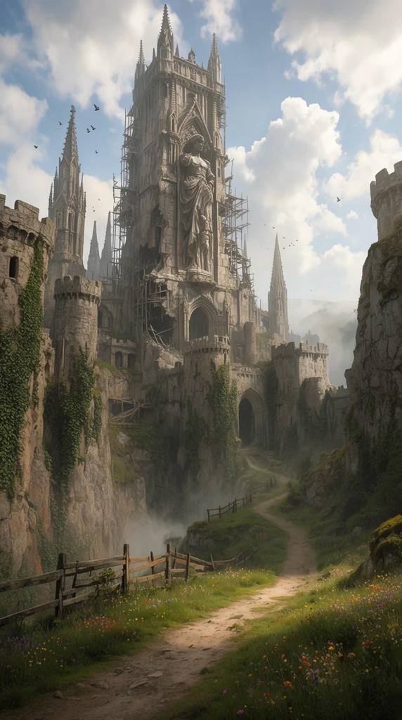 A colossal, ruined Gothic fortress carved into steep, rocky canyon walls under a bright, cloud-swept sky. The dominant central tower features intricate stonework, skeletal scaffolding, and a massive relief statue, flanked by crumbling battlements, pointed spires, and cliff faces draped in creeping ivy. A winding dirt path ascends from the grassy, wildflower-speckled foreground past a weathered wooden fence toward a mist-shrouded valley. Small birds circle the spires. Cinematic wide-angle digital matte painting with photorealistic textures, epic fantasy scale, and soft volumetric daylight.