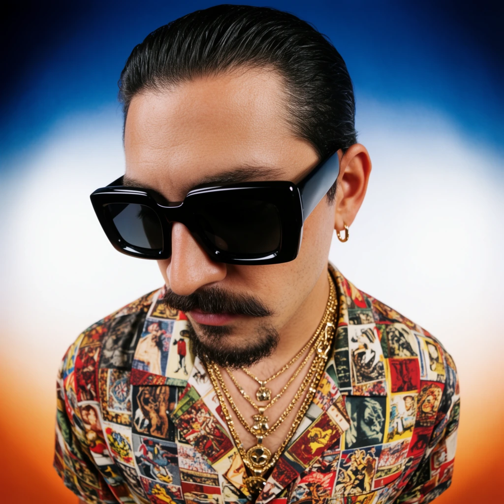 A close-up, high-angle portrait of a man looking downwards, shot with a wide-angle lens that slightly distorts his features. The man has slicked-back dark hair, a prominent mustache and goatee, and wears thick, glossy black square-framed sunglasses. He is styled with a small gold hoop earring and multiple layered gold chain necklaces with pendants. His shirt features a dense, colorful patchwork design composed of intricate vintage graphic collages. The background is a smooth, airbrushed gradient transitioning from deep blue at the top to white in the center and warm orange at the bottom. The lighting is bright and sharp, emphasizing the glossy texture of his sunglasses and the intricate details of his layered jewelry and patterned shirt, creating a striking, editorial fashion aesthetic.