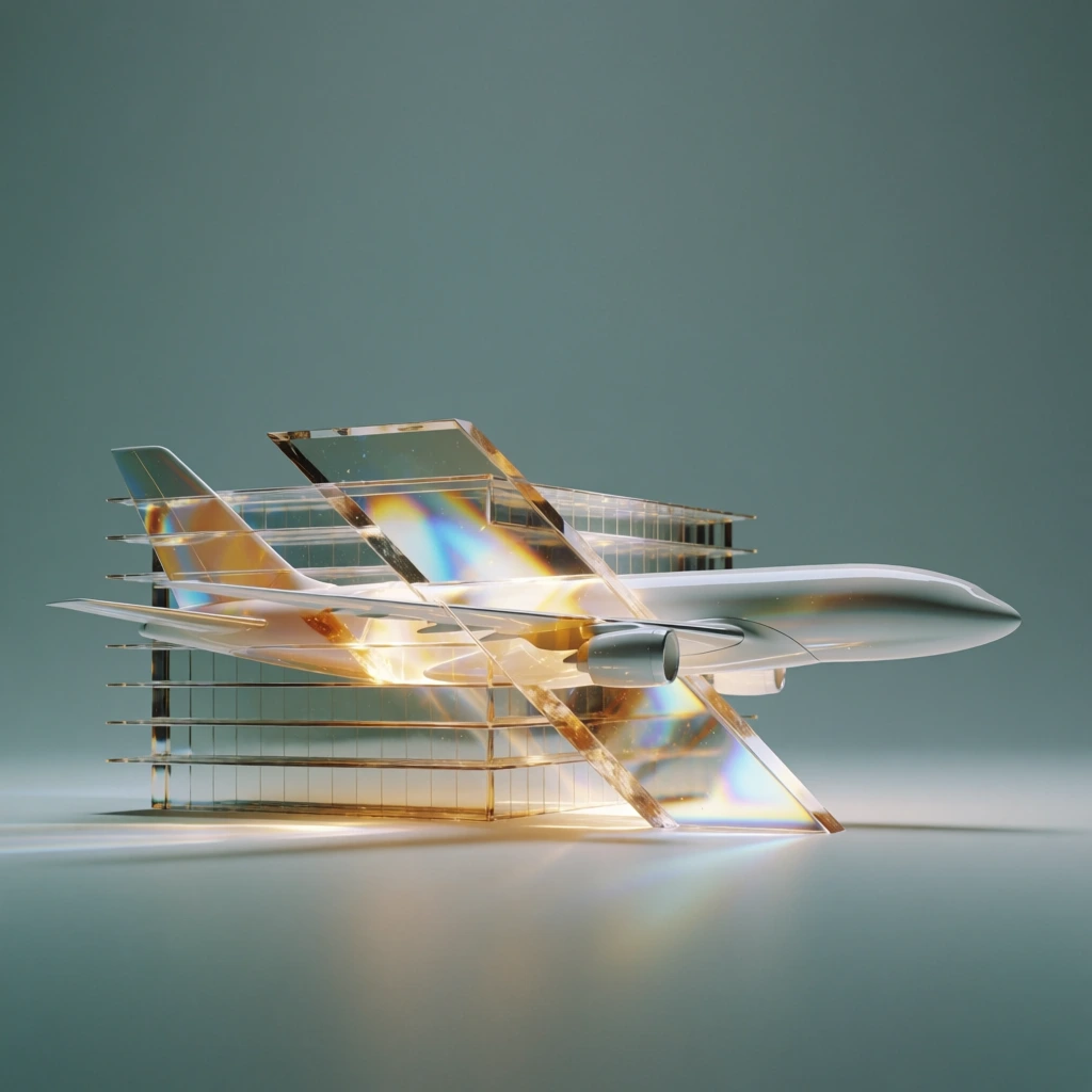 minimalist profile of an aerodynamic white model airplane fused to a glass building facade, horizontal prismatic glass offsets, translucent crystalline shards slicing the form into amber-tinted facets, high-gloss iridescent surfaces, internal luminescence, soft diffused studio lighting, muted teal-grey cyclorama, digital-physical hybrid aesthetic, sharp caustic light refraction, chromatic aberration, ethereal tech-minimalism, data-mosh artifacts, high-end commercial rendering.
