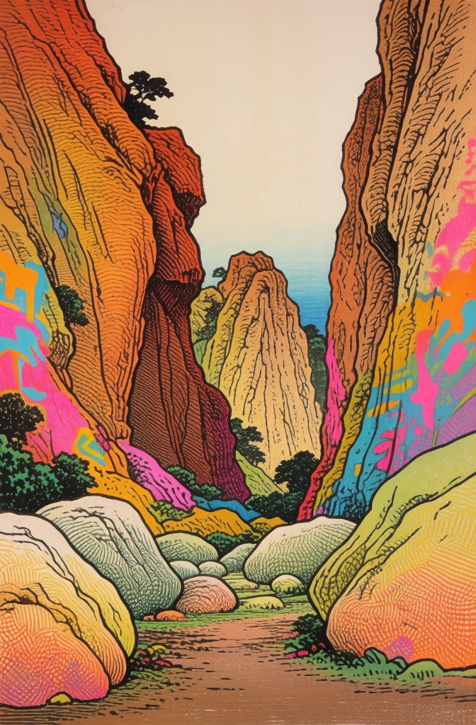 narrow valley between rocky cliffs with a dirt path and boulders, rendered in a gritty mixed-media style featuring heavy black ink outlines, ukiyo-e inspired woodcut aesthetics, psychedelic maximalism, swirling monochromatic wave patterns, vibrant watercolor washes of cadmium yellow, burnt orange, and neon pink, fine cross-hatching on the rock faces, splattered paint textures, flat yet layered composition, gritty urban street art energy, traditional red hanko seal.
