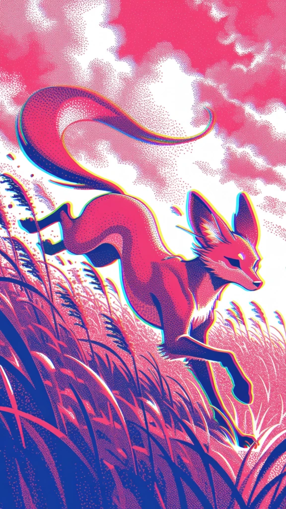 a lithe fox mid-sprint through dense stalks of tall grass under a low-hanging cloudy sky, rendered in high-frequency stochastic dithering and heavy stippled texture, vibrant neon magenta and electric blue saturated gradients against a void-like black background, thick multi-layered chromatic aura outlines in acid yellow and white, high-contrast chiaroscuro defined by varying densities of pointillist noise, psychedelic graphic poster aesthetic, minimal flat shading, pop-art sensibilities