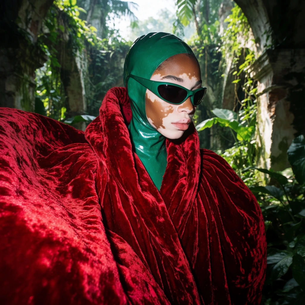 An avant-garde fashion portrait of a female model with vitiligo, wearing a glossy emerald green latex hood and sleek wraparound sunglasses. She is draped in a voluminous, textured crimson velvet cloak billowing around her shoulders. The figure stands against a hyper-realistic backdrop of overgrown tropical jungle ruins. Shot with a wide-angle lens and intense direct flash, the composition creates a surreal editorial aesthetic with deep focus, striking color contrasts, and a dramatic, artificial atmosphere.