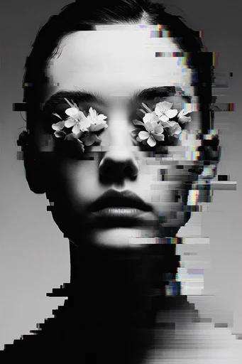 Monochrome Digital Decay style reference image — surreal glitch art