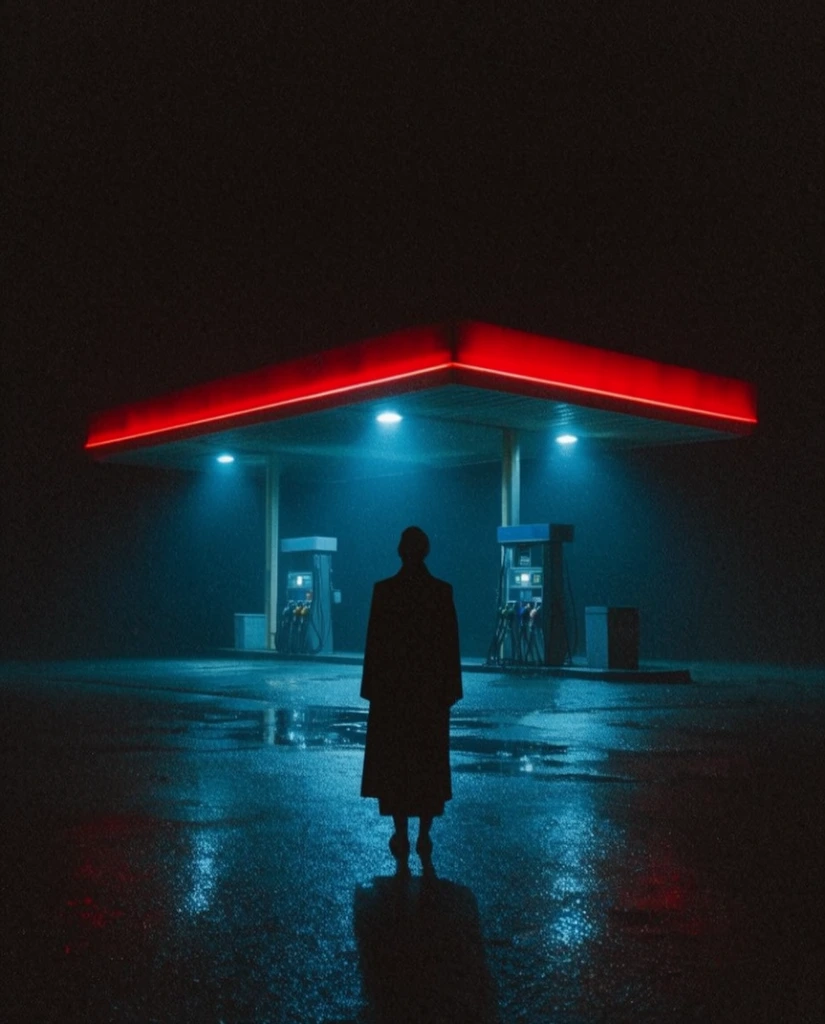 A silhouetted figure in a long coat stands on wet pavement facing an isolated gas station shrouded in pitch-black darkness. Intense cyan lights shine down from the flat canopy onto two fuel pumps, casting sharp reflections on the ground. A vivid neon red band illuminates the upper rim of the structure. The cinematic, neon-noir scene features heavy film grain, a wide framing, and stark high-contrast lighting.