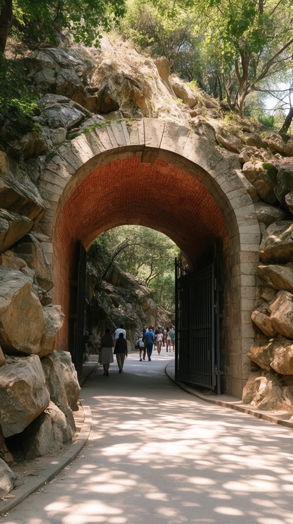 stone archway tunnel with red brick interior set in rocky hillside, large framing boulders, open dark metal gate, pedestrians walking on sunlit curving path beyond the arch, dappled daylight