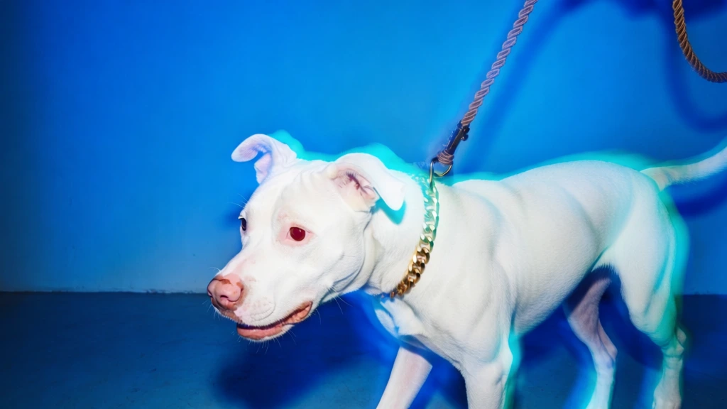 A sleek white dog is captured mid-stride against an intensely saturated electric-blue studio backdrop, creating a dramatic, futuristic portrait that feels both stylish and slightly surreal. Digital studio photography, fashion-pet portrait, contemporary editorial, minimalist composition, high saturation, flash-lit, motion blur, cyan glow fringing, clean backdrop, pop-art energy, surreal color treatment, polished but kinetic, medium visual complexity, visually adjacent to William Wegman, Tim Walker, Petra Collins color sensibility, blue monochrome environment with stark white subject, gold accent, red-brown leash, high exposure on subject, deep saturated shadows in background, strong contrast, likely wide-to-normal lens, direct flash or mixed flash with slow shutter, visible motion ghosting, slight chromatic aberration-like halo, no visible grain, no text, no watermark. The dog occupies the lower middle and right half of the frame, facing left, with its head positioned just left of center and its body extending toward the right edge. It appears to be a lean, muscular, short-haired dog, possibly a pit bull or similar mix, with completely white fur, pale pink nose, pale inner ears, and light amber or pinkish eyes. Its mouth is slightly open, showing a hint of teeth and tongue, giving the impression of alert movement rather than aggression. One ear folds forward while the other lies back softly. Around its neck is a chunky gold chain collar that catches the light near the center of the image. Attached to the collar is a twisted red-brown rope leash that angles upward and to the far right edge, exiting the frame, implying an unseen handler. The front left leg reaches down and forward toward the bottom center, blurred by motion; the other front leg is tucked beneath the chest. The hind legs stretch back toward the lower right, also blurred, reinforcing the sense that the dog is walking briskly from right to left. A faint cyan outline surrounds much of the dog’s body, especially along the back and legs, likely from motion and lighting effects. The background is an uninterrupted cobalt-to-ultramarine blue wall filling the entire upper field, while the floor at the bottom is the same blue tone, with a subtle seam line running diagonally behind the dog, confirming a studio setup.