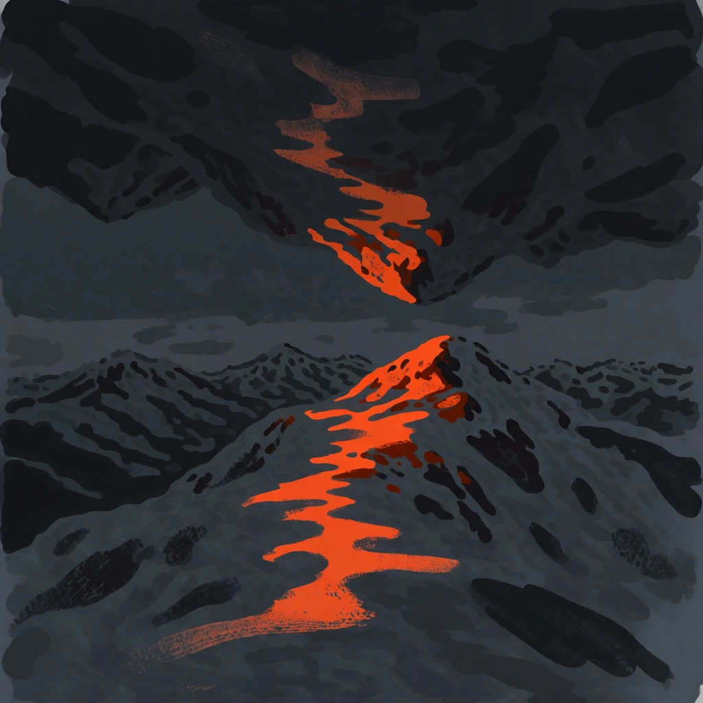 minimalist graphic illustration, snow-covered mountain range, surreal composition with upside down peaks descending from the top, thick textured painterly brushstrokes, flat color palette of deep charcoal and dark slate, central vertical path of vibrant neon orange highlights on the snowy ridges, high contrast, moody atmospheric lighting, digital paint aesthetic, raw expressive mark-making, no horizon line, abstract landscape, moody and evocative