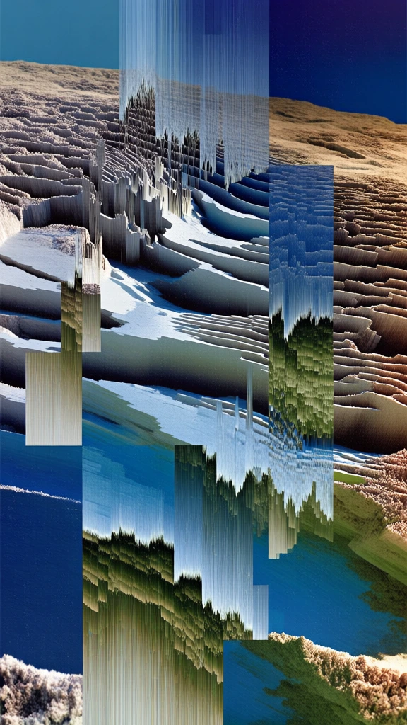 macro topographical landscape of horizontal ridges and deep troughs with fine grain-like details, digital glitch art aesthetic featuring vertical pixel sorting distortions, fragmented rectangular blocks of data corruption slicing through organic textures, high contrast lighting with deep shadows, palette of cool grays and deep blues, sharp digital artifacts, melting vertical streaks, surreal layered collage composition, meticulously detailed surface textures, modern abstract art style.