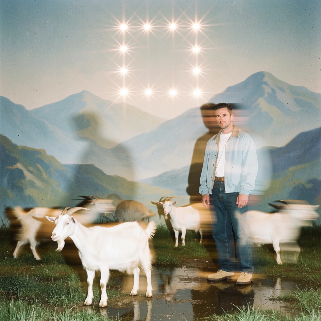 surreal kitsch tableau, horizontal shutter drag motion blur, high-contrast direct on-camera flash, man in a grassy field with goats, set against a flat hand-painted theatrical backdrop of hazy blue mountains, a geometric square made of bright stars in the sky, desaturated pastel color palette, heavy film grain, hard drop shadows cast onto the canvas, 90s fashion editorial aesthetic, wet ground with soft reflections, lo-fi analog film quality, side-on profile perspective