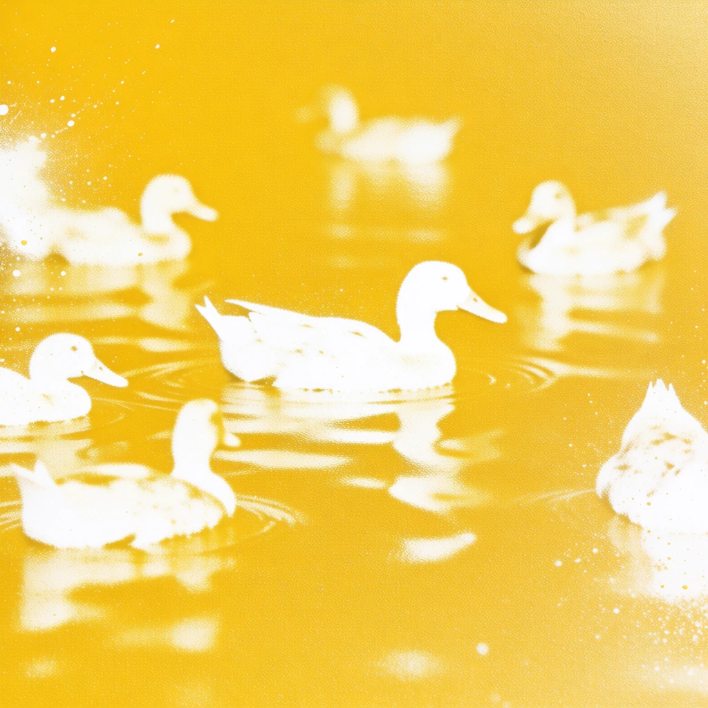 minimalist stenciled silhouettes of ducks on a lake, high-grain spray paint aesthetic, vibrant monochromatic yellow and white duotone, soft-focus airbrushed edges, organic negative space forming duck shapes and water ripples, granular stippled texture with fine mist splatters, diffused ethereal lighting, lo-fi photogram style, uneven ink density, abstract composition with a textured matte finish, grainy gradients, contemporary graphic feel, high-contrast atmospheric depth.