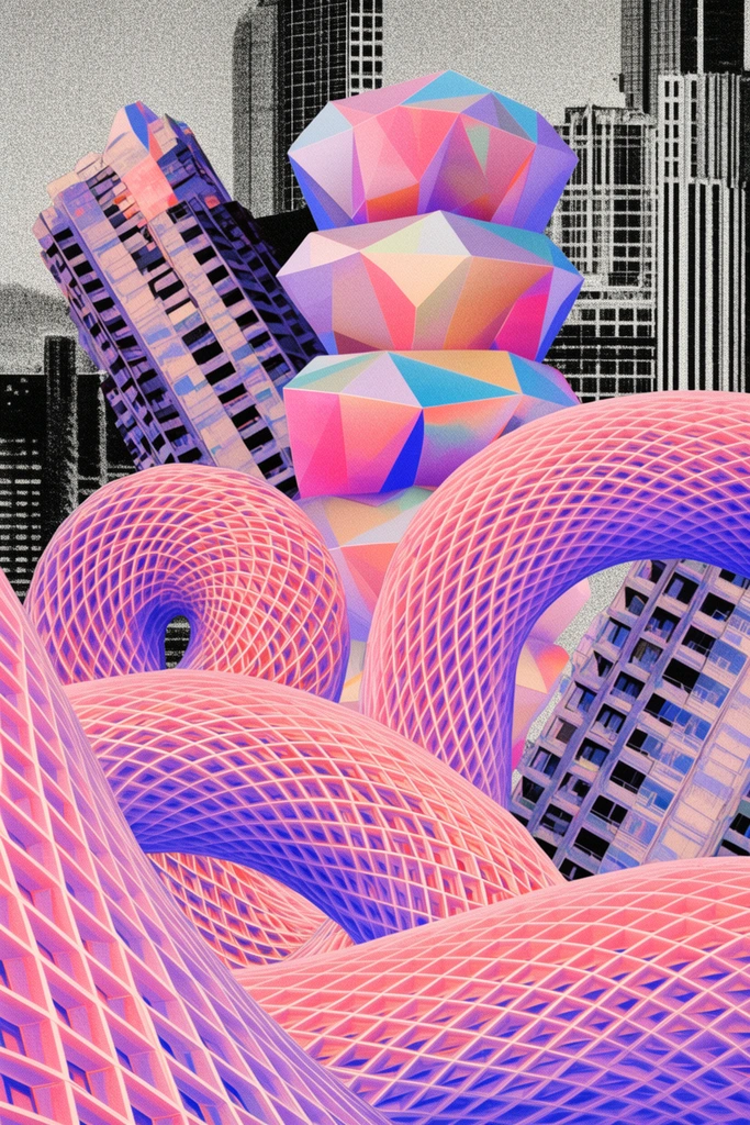 abstract vibrant architectural assemblage, pastel pink and purple winding tubular forms, intricate geometric grid patterns, stacked faceted crystalline blocks, tilted building structures, monochromatic black and white skyscraper silhouette background, heavy stippled noise texture throughout, surreal digital collage, retro-futuristic aesthetic