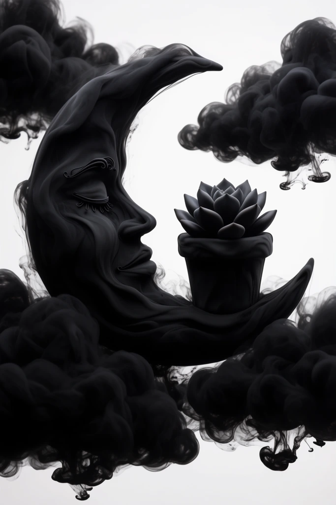 A volumetric crescent moon with closed eyes holding a potted succulent amidst clouds, sculpted entirely from dense, billowing plumes of pitch-black ink suspended in a pure white environment. The crescent moon is constructed from thick, rolling folds of velvety black fluid, with closed eyelids defined by precise, curling tendrils of dark liquid. Nestled within the moon's curve rests a potted succulent, its cylindrical base and thick, fleshy rosette leaves formed by smooth, opaque liquid dynamics. Swirling masses of deep black ink surround the central figures to create voluminous clouds, their dense centers transitioning into delicate, semi-translucent wisps that diffuse outward. The composition employs an extreme high-contrast monochromatic palette, mirroring the aesthetic of high-speed macro fluid photography. Soft, diffused lighting catches the rolling three-dimensional contours of the suspended ink, highlighting the smooth gradients, sharp silhouettes, and deep shadows of the heavy, morphing liquid against the stark, luminous, and featureless background.