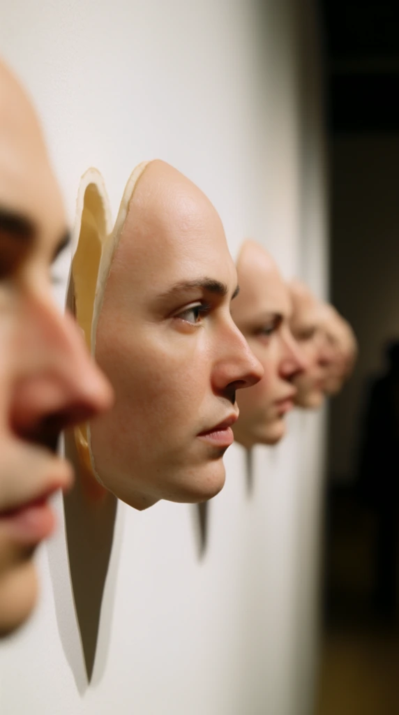 A row of hyper-realistic human face masks protrudes from a stark white wall in a surreal sculptural arrangement. The central mask, captured in sharp profile facing right, features a pale complexion and natural skin textures. The back of the head is sheared flat, exposing a thin, hollow shell interior. A blurred face occupies the extreme left foreground, while a line of similar protruding visages recedes into a softly focused background on the right. A shallow depth of field isolates the main profile. Warm directional lighting casts gentle shadows against the white surface, emphasizing the uncanny, three-dimensional realism of the sculptural pieces in a dim gallery setting.