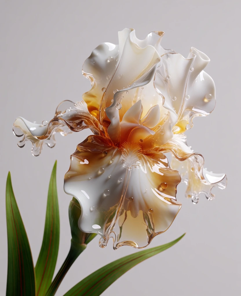 A single iris-like flower is shown in extreme close-up, but it appears to be sculpted from clear molten glass and pale resin rather than living flesh, delicate and luminous against a plain soft gray background. Digital 3D render, hyperreal macro botanical study, surreal still life, glossy translucent material simulation, photoreal CGI, contemporary fine art, luxury editorial aesthetic, biomorphic sculpture, elegant, ethereal, pristine, high detail, medium-high visual complexity, adjacent to the sensibilities of Dale Chihuly, Vladimir Kanevsky, Iris van Herpen, and some sleek botanical advertising imagery, palette of pearl white, clear glass, champagne gold, amber honey, burnt orange, deep emerald green, cool gray, soft studio exposure, controlled highlights, moderate contrast, clean background, sharp focus throughout the bloom, no visible noise, no grain, no lens distortion, no motion blur, polished reflective specular highlights, dew-drop refraction effects. The flower occupies most of the frame, centered slightly right, with its stem rising from the lower left corner and curving upward into the blossom at mid-height. Three long, narrow, glossy green leaves sweep diagonally upward from the bottom edge, one broader leaf leaning left of center, another slender blade arcing toward the middle, and a third pale-green tip pointing up near the lower center-right. The blossom opens broadly across the upper two-thirds of the image. On the left side, a large ruffled petal extends outward and slightly downward, its translucent white body filled with suspended droplets and a vivid orange-to-rust streak near the base. Above it, a smaller upper-left petal curls upward with frosted clear edges and tiny beadlike droplets along the rim. In the center, several upright inner petals twist and fold like softened glass ribbons, creamy white with warm amber edging and glowing golden seams where they meet at the throat. The central throat is bright and honey-colored, radiating into the petal bases. On the upper right, the tallest petal stands almost vertical, broad and cupped, its surface peppered with round water bubbles and edged in warm gold. On the lower right, another large petal droops downward, heavy and translucent, with amber pooling near its upper ridge and droplets scattered across its face. Every petal edge is gently undulating, as if heat-softened, and the entire flower feels simultaneously botanical, aquatic, and hand-blown.