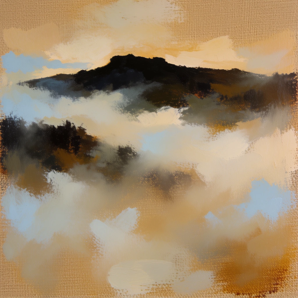 impressionistic oil painting on heavy-weave coarse tan canvas, jagged mountain ridge silhouette, thick atmospheric fog obscuring the base of the hills, warm ochre and muted cream palette, soft powder blue highlights, visible tactile brushstrokes, painterly impasto details, soft diffused ambient lighting, earthy tones, minimalist vertical composition, hand-rendered aesthetic, moody atmospheric perspective, raw textured surface, vintage fine art style.