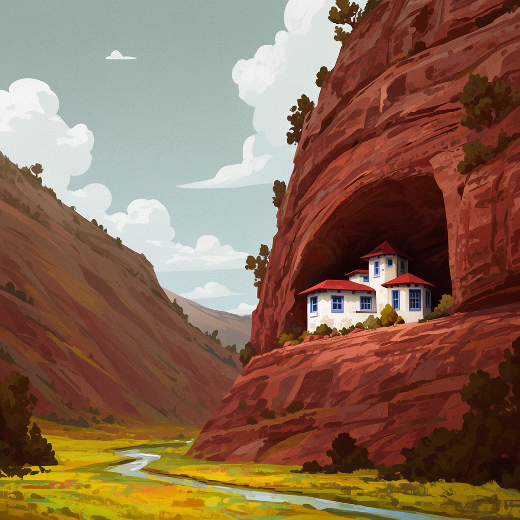 A white house with a red roof is nestled within a massive natural alcove halfway up a towering reddish-brown cliff face. Below the cliff, a narrow stream meanders through a vibrant yellow and green valley floor lying between steep canyon walls. The multi-level house features stucco walls, blue-framed windows, and a small tower, bordered by sparse bushes. The sheer cliff on the right exhibits heavily textured, layered rock formations with scattered trees. To the left, a sloped mountain face recedes into the distance. The sky is a muted pale blue dotted with stylized, fluffy white cumulus clouds. The artwork employs a digital painterly style with crisp edges, visible brushstroke textures, and soft, even daylight illumination.