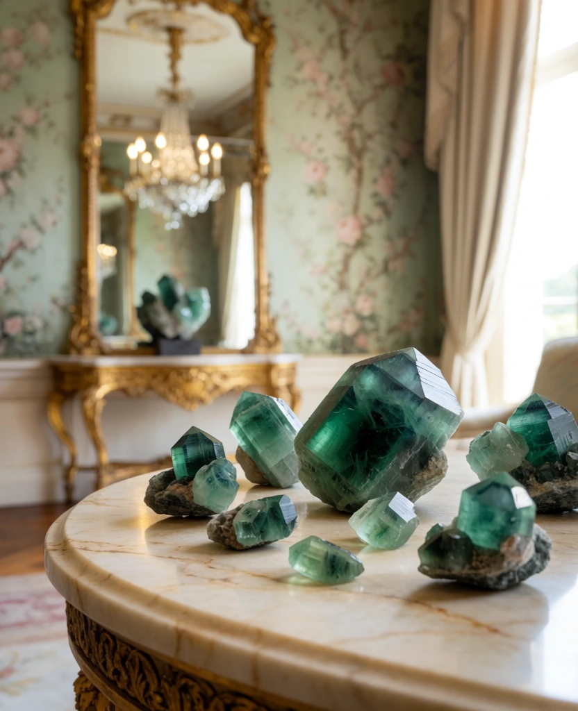 A collection of large, translucent green crystals of varying sizes rests on a polished, cream-colored marble tabletop within an opulent, classically decorated room. The primary subjects are several hexagonal and blocky crystals, the largest of which sits in the center-right, featuring sharp, unpolished facets that reveal natural internal inclusions and a vibrant emerald hue. Smaller green gems are scattered in the foreground, some showing darker, rocky gray matrix attached to their bases. The light-colored marble surface beneath them exhibits subtle beige and brown veining, with a decorative gold-trimmed edge visible in the lower foreground. In the softly blurred background, an ornate gold-framed mirror hangs on a wall adorned with pale green and pink floral wallpaper. The mirror reflects a glimpse of a crystal chandelier hanging from the ceiling. To the right, a heavy, cream-colored curtain drapes toward the floor, while a gold console table sits further back on the left. The scene is illuminated by soft, natural light coming from the right side, creating bright highlights on the crystal faces and deep saturated tones within their cores. The composition uses a shallow depth of field to keep the mineral specimens in sharp focus against the luxurious, muted interior.
