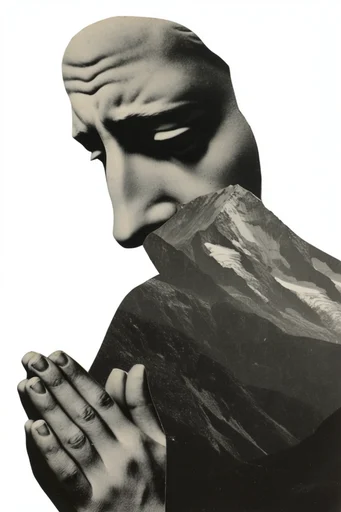 Minimalist Surreal Noir Collage style reference image — high-contrast monochrome