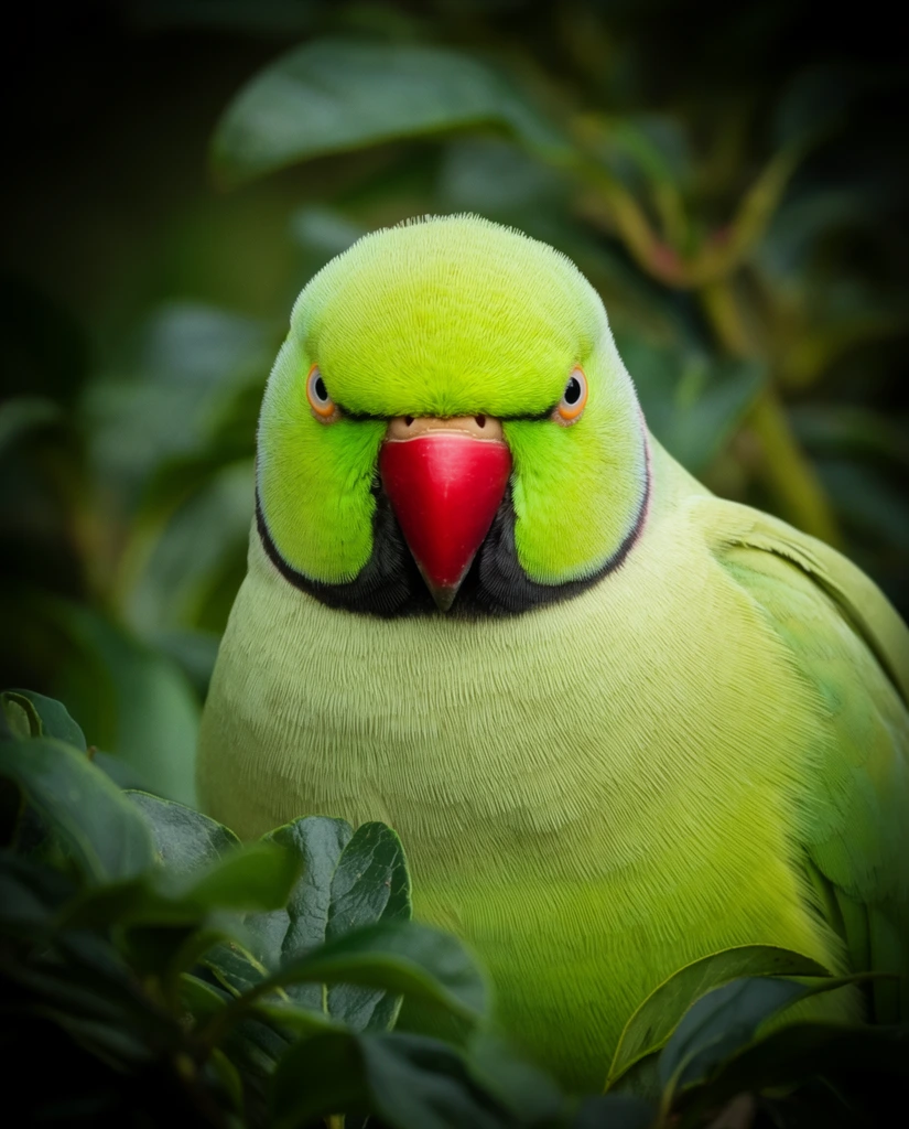 Close-up portrait of a vivid lime green parakeet, striking bright red beak, distinct black neck ring, sharp dark eyes with orange irises, detailed fine plumage texture, bird facing forward, nestled among dark green leaves, blurred out-of-focus foliage in foreground and background, shallow depth of field, soft natural lighting, high color contrast, wildlife macro photography, sharp facial focus, subtle vignette