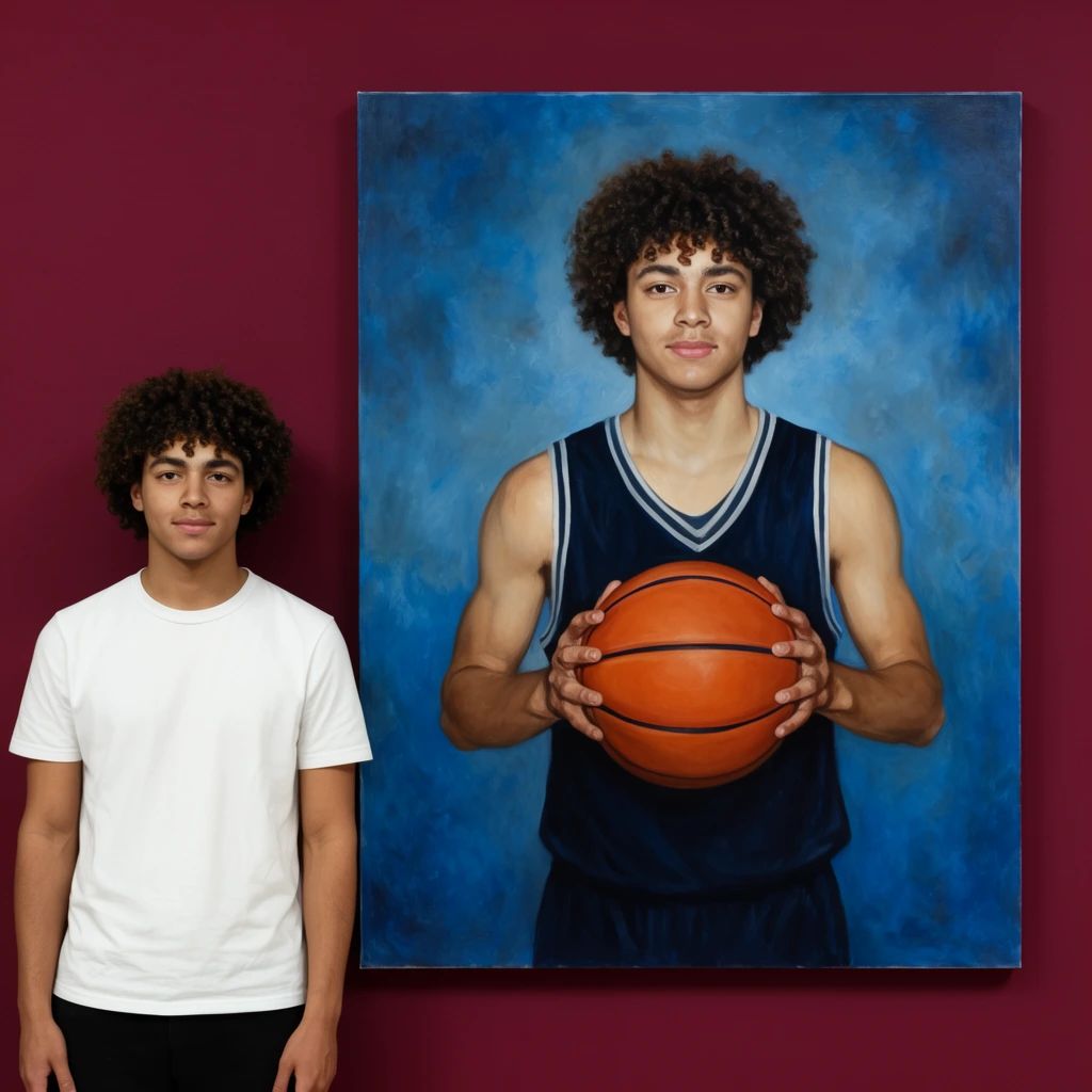 young man with curly hair in a white t-shirt standing beside a large painted portrait of himself, solid maroon wall, unframed canvas depicting the same figure holding a basketball in a navy jersey against a mottled blue background, straight-on gallery photography