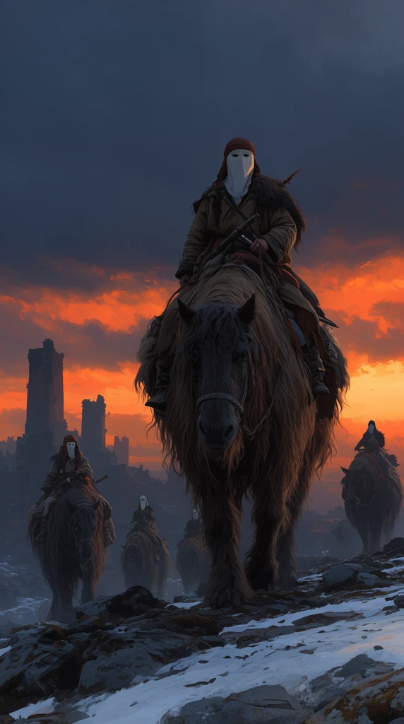 Masked nomads riding massive shaggy beasts, rocky terrain with patchy snow, vivid orange sunset piercing dark twilight clouds, distant silhouetted ruined towers, low angle perspective, atmospheric cinematic concept art