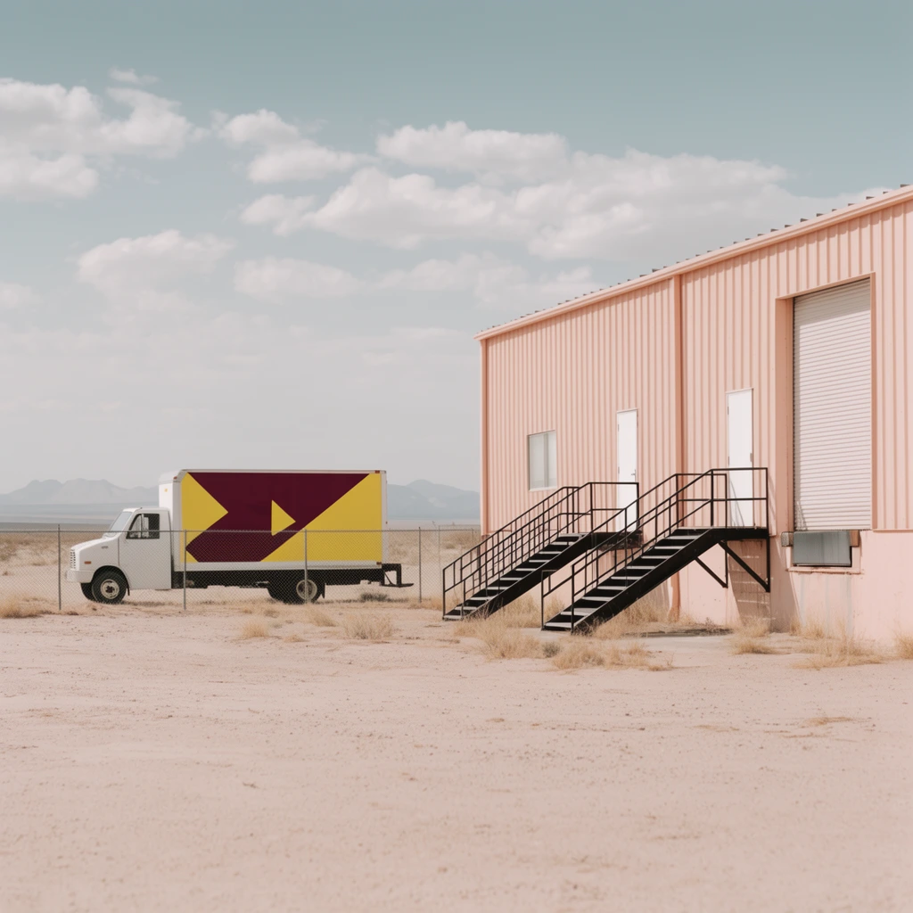 A pale peach corrugated metal building and a white delivery truck occupy a vast, arid desert landscape under a pale blue sky with scattered clouds. The industrial structure features black metal stairs leading to white doors and a closed roll-up garage door. Behind a chain-link fence, the truck displays a bold maroon and yellow geometric graphic. Bright sunlight casts crisp shadows across the flat sandy ground and sparse dry grass, emphasizing a muted pastel color palette and a cinematic desolate Americana aesthetic with faint mountains on the horizon.