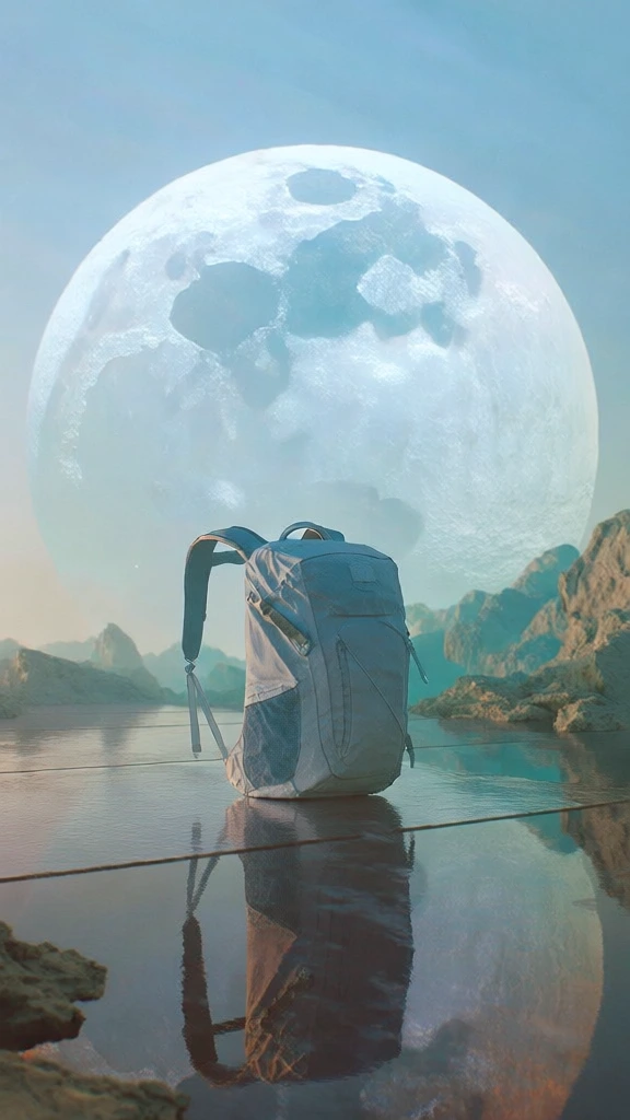 monochromatic palette of desaturated cerulean and icy teal, background dominated by a gargantuan ethereal pale moon, minimalist technical backpack centered on a perfectly flat mirror-like reflective plane, heavy atmospheric haze, diffused volumetric lighting, cinematic scale, contemporary digital surrealism, hyper-realistic matte textures, low-contrast soft shadows, serene and vast sci-fi atmosphere, high-resolution cgi render