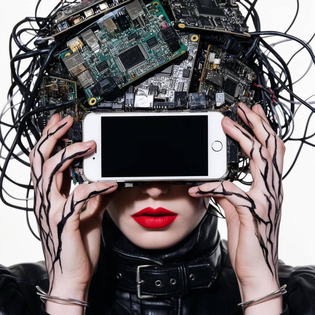 A chaotic headpiece of densely layered circuit boards, tangled black cables, and a blank white smartphone visor obscures a person's upper face against a stark white background. Pale hands marked with jagged black painted veins clutch the heavy device above vibrant red lips. The subject wears a black leather jacket with a thick buckled collar and thin silver bracelets, captured with crisp, high-contrast studio lighting.