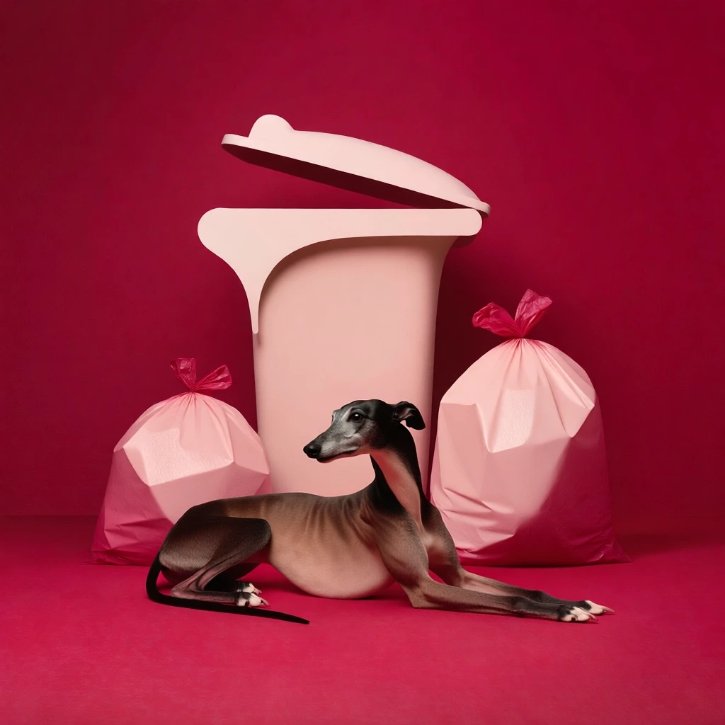 centered minimalist composition, sleek greyhound lying gracefully on a solid magenta floor, vibrant monochromatic crimson background, oversized sculptural garbage bins in matte pale pink, matching magenta plastic trash bags arranged artistically, flat high-fashion lighting, surreal graphic editorial aesthetic, bold color blocking, polished textures, clean lines, high-contrast palette of deep red and blush, sophisticated fashion photography style