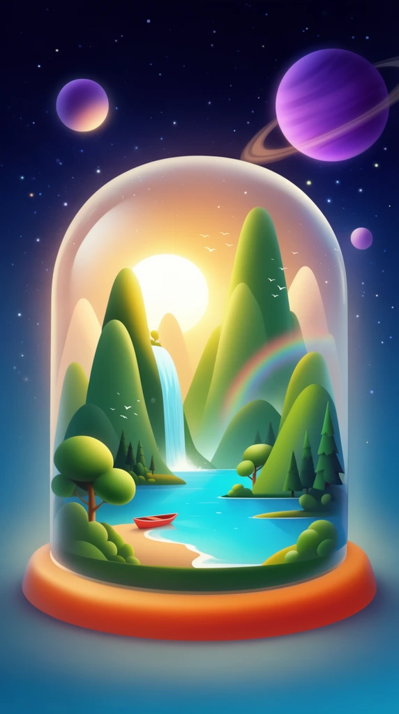 glass dome enclosing a glowing miniature landscape, resting on a smooth orange base against a dark blue starry space background, floating planets including a purple ringed planet, inside the dome a bright sun sets behind sleek green mountains, cascading waterfall entering a vibrant cyan lake, tiny red boat on a sandy beach, faint rainbow, stylized bulbous trees and pointed pine trees, small birds in flight, whimsical fantasy digital illustration, smooth gradients, 3D vector art style, soft luminous lighting, surreal cosmic scene