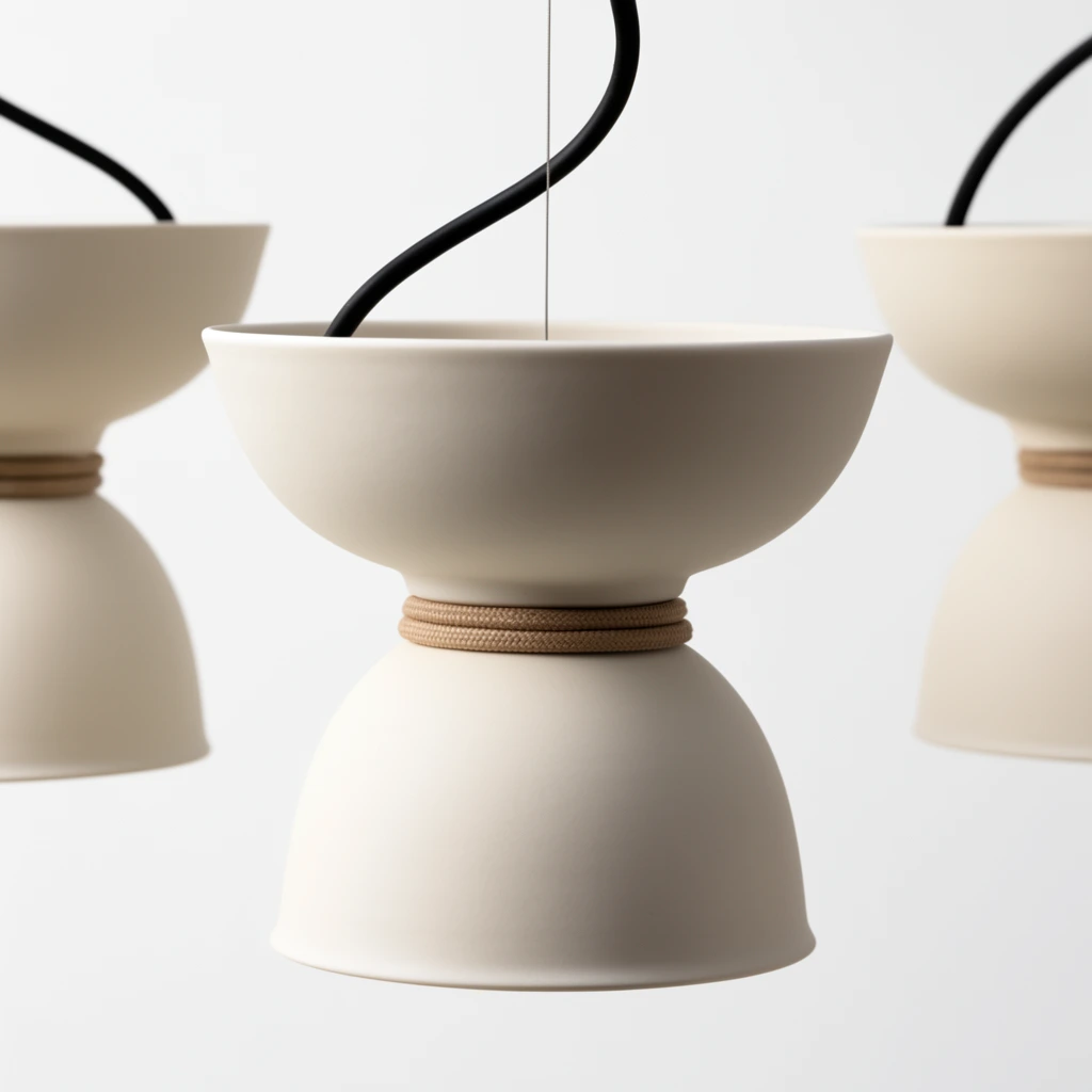 Three minimalist matte off-white pendant lamps hang against a stark white background. The central lamp is sharply focused, featuring a wide upward-facing bowl resting atop a smaller downward-facing bell shade. A tightly coiled light brown cord wraps the narrow neck connecting the two halves. A thick black cable arcs outward from the top rim alongside a thin, taut vertical suspension wire. Flanking the center, two identical lamps are partially cropped by the frame edges and softened by a shallow depth of field. Soft directional studio lighting casts smooth gradient shadows across the flawless ceramic surfaces. The architectural composition uses a strict neutral color palette of cream, beige, and stark black.