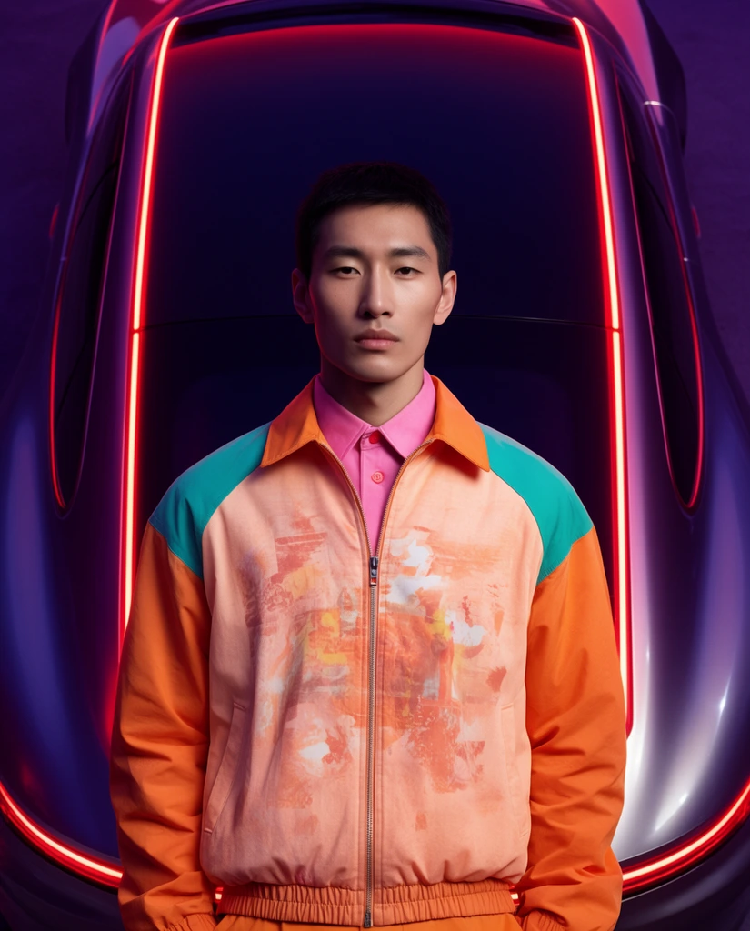A stoic East Asian man in a vibrant layered outfit stands before a sleek, symmetrical dark vehicle illuminated by glowing red neon lights. Centered in a medium portrait, he wears a peach and orange zip-up jacket with faded abstract graphics and teal shoulder panels over a pink collared shirt. The background features glossy metallic curves emitting two bold vertical red neon lines framing his silhouette. Deep purple ambient lighting fills the scene, creating a cinematic high-fashion aesthetic that perfectly contrasts his warm orange attire against cool violet shadows and striking crimson highlights.