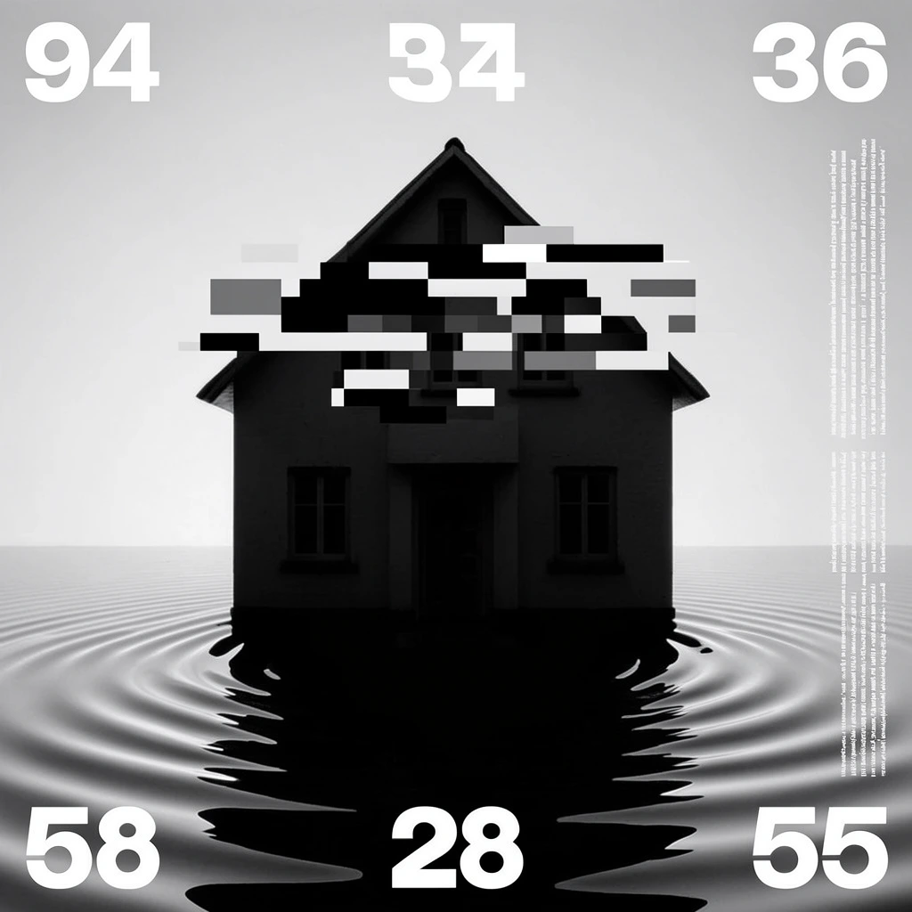 A high-contrast monochrome composition centers on the dark silhouette of a two-story house with a pointed gabled roof emerging from a smooth rippling surface, overlaid with brutalist white typography and a digital pixelation glitch. The house is positioned centrally, cast in deep black shadow against a luminous, pale gray gradient background. A stark digital glitch effect, consisting of large, irregular black, white, and gray rectangular pixel blocks, horizontally disrupts the upper central section of the house's facade. The foundation of the house intersects a flat plane that distorts into pronounced, concentric circular ripples, creating high-contrast warped reflections radiating outward. Floating in the foreground and along the perimeter of the frame, bold, stark white, sans-serif numerals of varying large scales are positioned near the corners and edges. Columns of densely packed, tiny white vertical text are aligned along the right margin and upper center, completing a minimalist, avant-garde graphic design aesthetic.