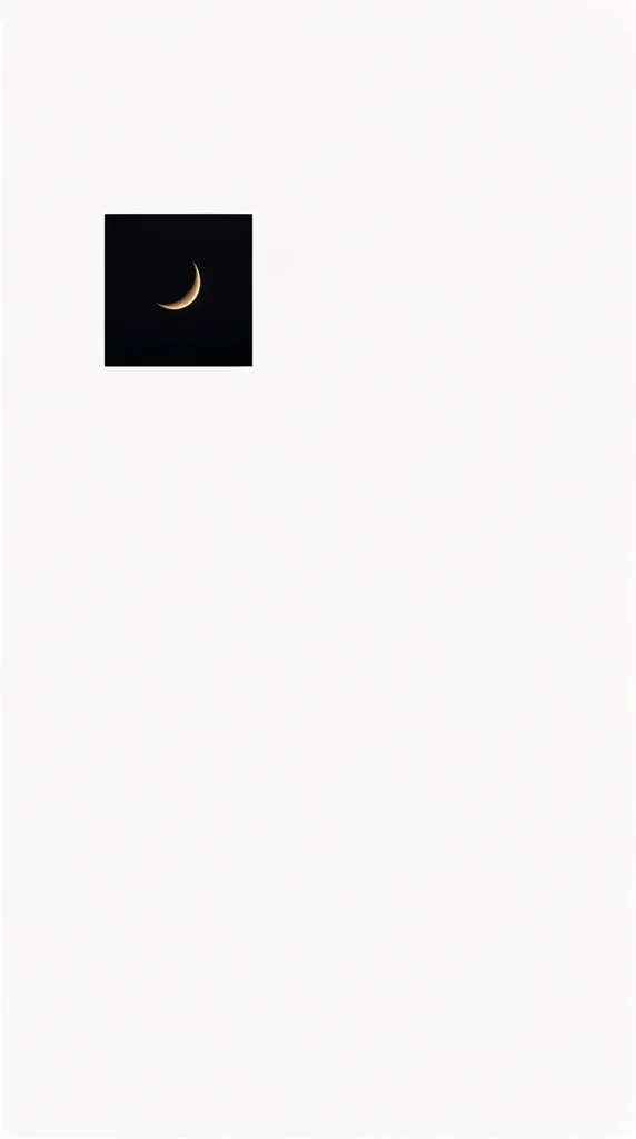 A minimalist composition on an expansive solid white background. A tiny, isolated square in the upper left quadrant frames a delicate, glowing golden crescent moon set against a pitch-black night sky, creating sharp contrast against the vast pristine space.