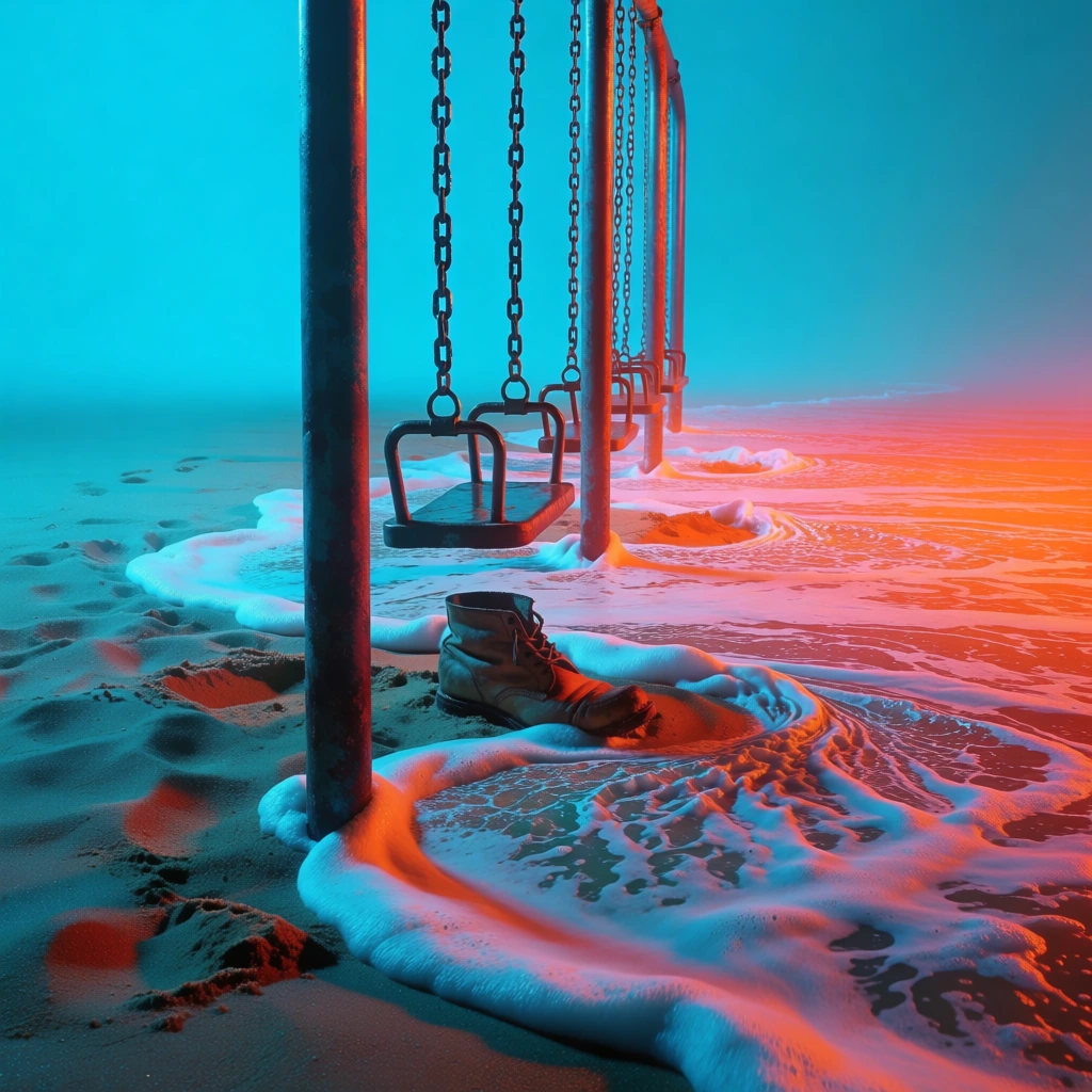 surrealist high-concept photography featuring a row of empty metal swings on a beach, foamy tide water swirling around the metal poles, a single weathered leather boot on the sand under the center swing, dramatic dual-tone lighting with electric cyan and vibrant neon-orange split, deep high-contrast shadows, ethereal glow on highlights, minimalist background, cinematic and eerie atmosphere, crisp textures, saturated colors, sharp focus, professional editorial aesthetic